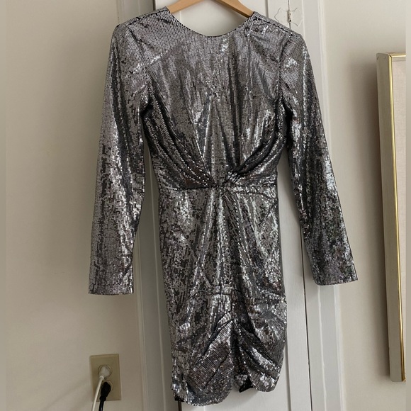 MSGM Sequin Long Sleeve Ruched Silver Mini Dress sz 38 - Picture 6 of 14